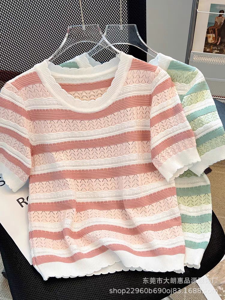 Colorful striped knitted ice silk short sleeved T-shirt 2025 new design sense round neck shoulder short sleeved knitted top