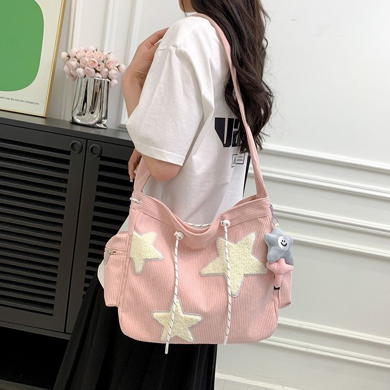 Star Large Capacity Commuter Tote Bag Corduroy Single Shoulder Crossbody Bag