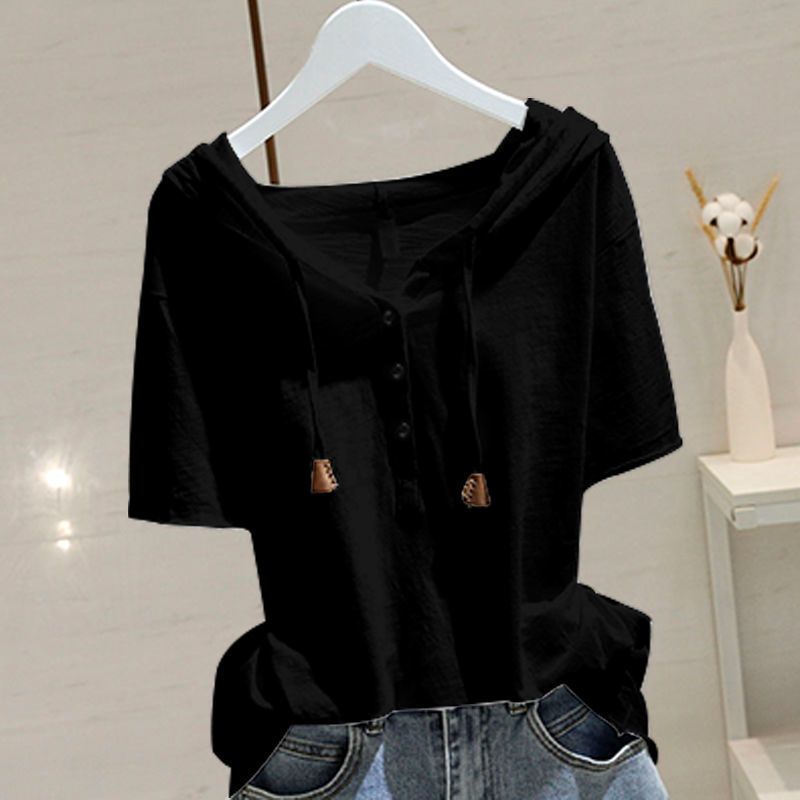 Hooded white short sleeved t-shirt for women in spring and summer of 2025, new loose and slim fit, versatile, belly covering top, hoodie