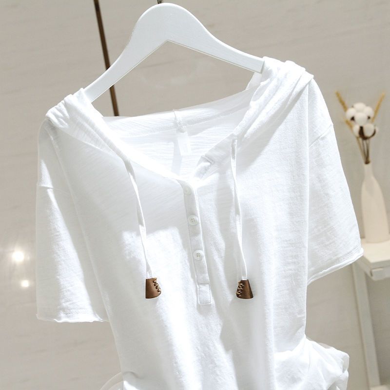 Hooded white short sleeved t-shirt for women in spring and summer of 2025, new loose and slim fit, versatile, belly covering top, hoodie