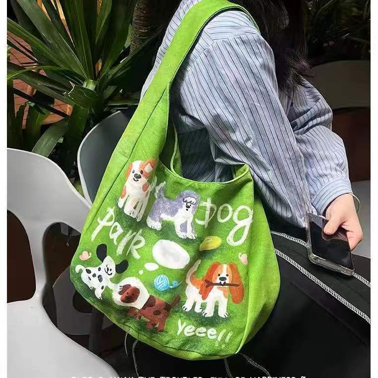 New Dog Shoulder Bag Versatile Large Capacity Canvas Bag Student Commuter Tote Bag Casual Outing Women's Bag