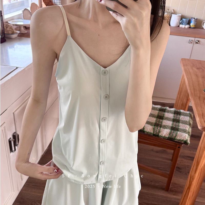 2PCS chest cushion button ice leather suspender shorts set summer new ice silk adjustable homeclothes