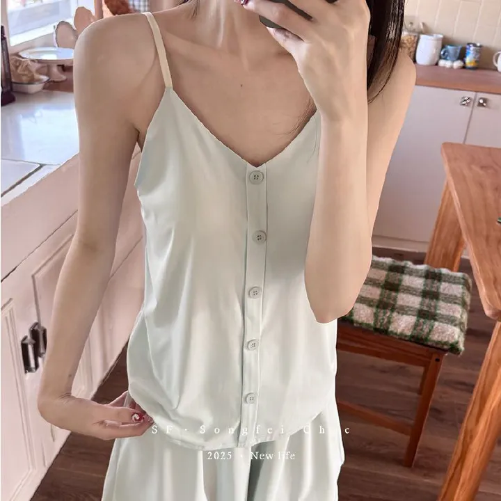 2PCS chest cushion button ice leather suspender shorts set summer new ice silk adjustable homeclothes