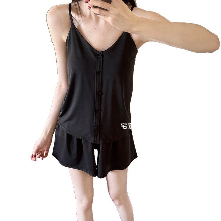 2PCS chest cushion button ice leather suspender shorts set summer new ice silk adjustable homeclothes