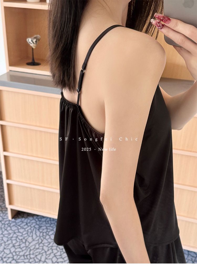 2PCS chest cushion button ice leather suspender shorts set summer new ice silk adjustable homeclothes