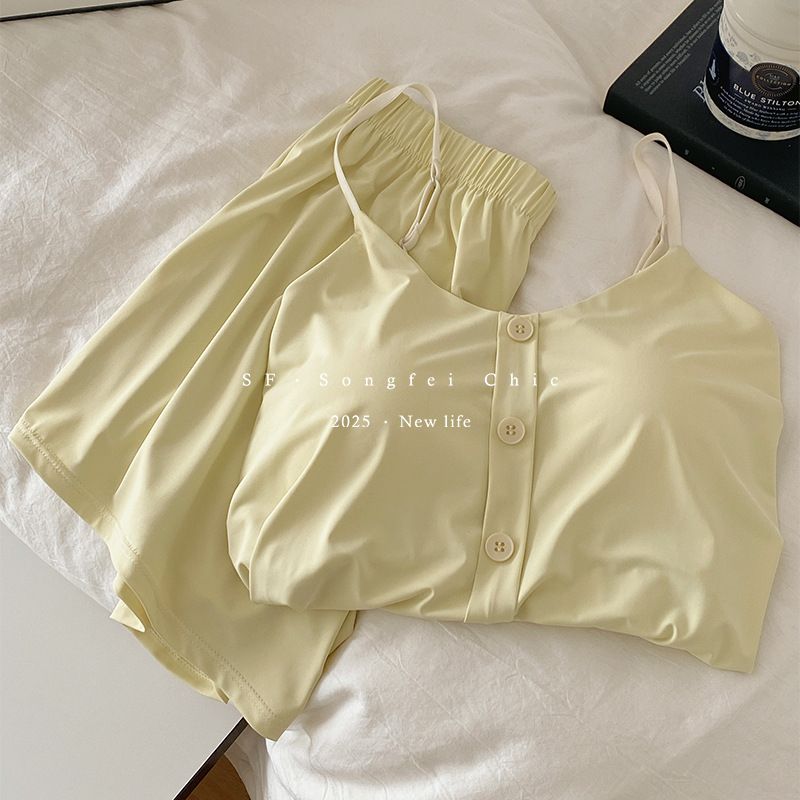 2PCS chest cushion button ice leather suspender shorts set summer new ice silk adjustable homeclothes