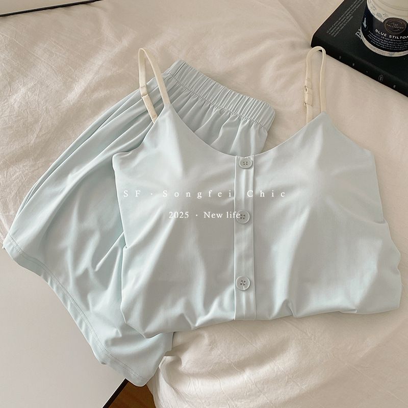 2PCS chest cushion button ice leather suspender shorts set summer new ice silk adjustable homeclothes