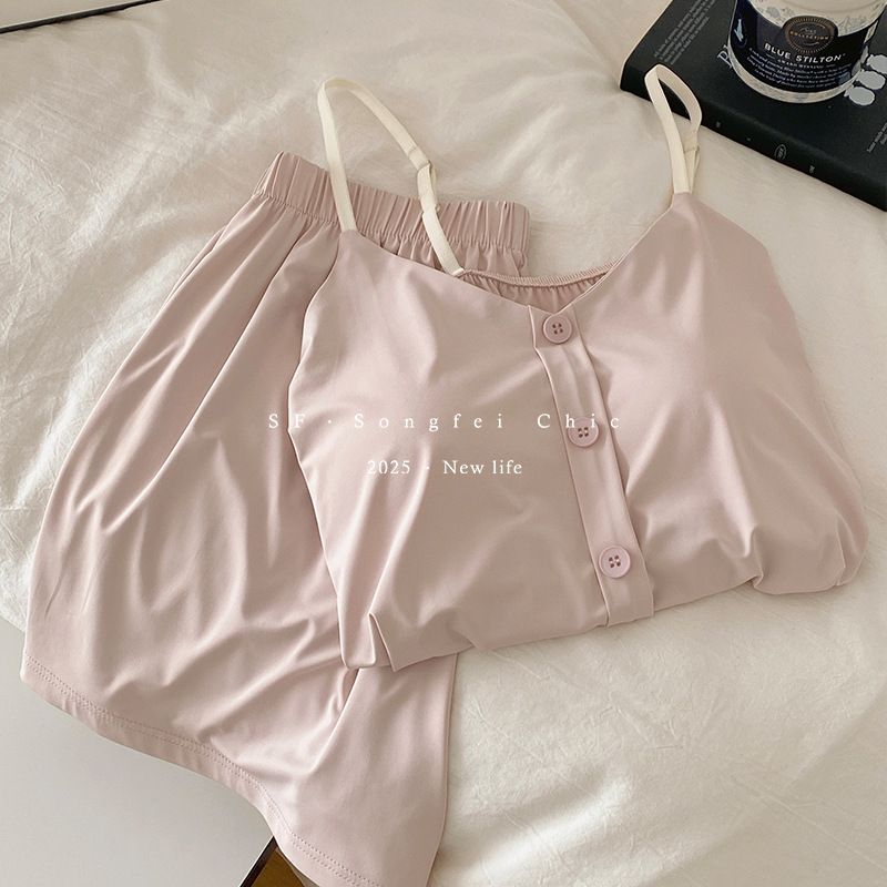 2PCS chest cushion button ice leather suspender shorts set summer new ice silk adjustable homeclothes