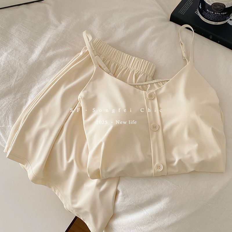 2PCS chest cushion button ice leather suspender shorts set summer new ice silk adjustable homeclothes