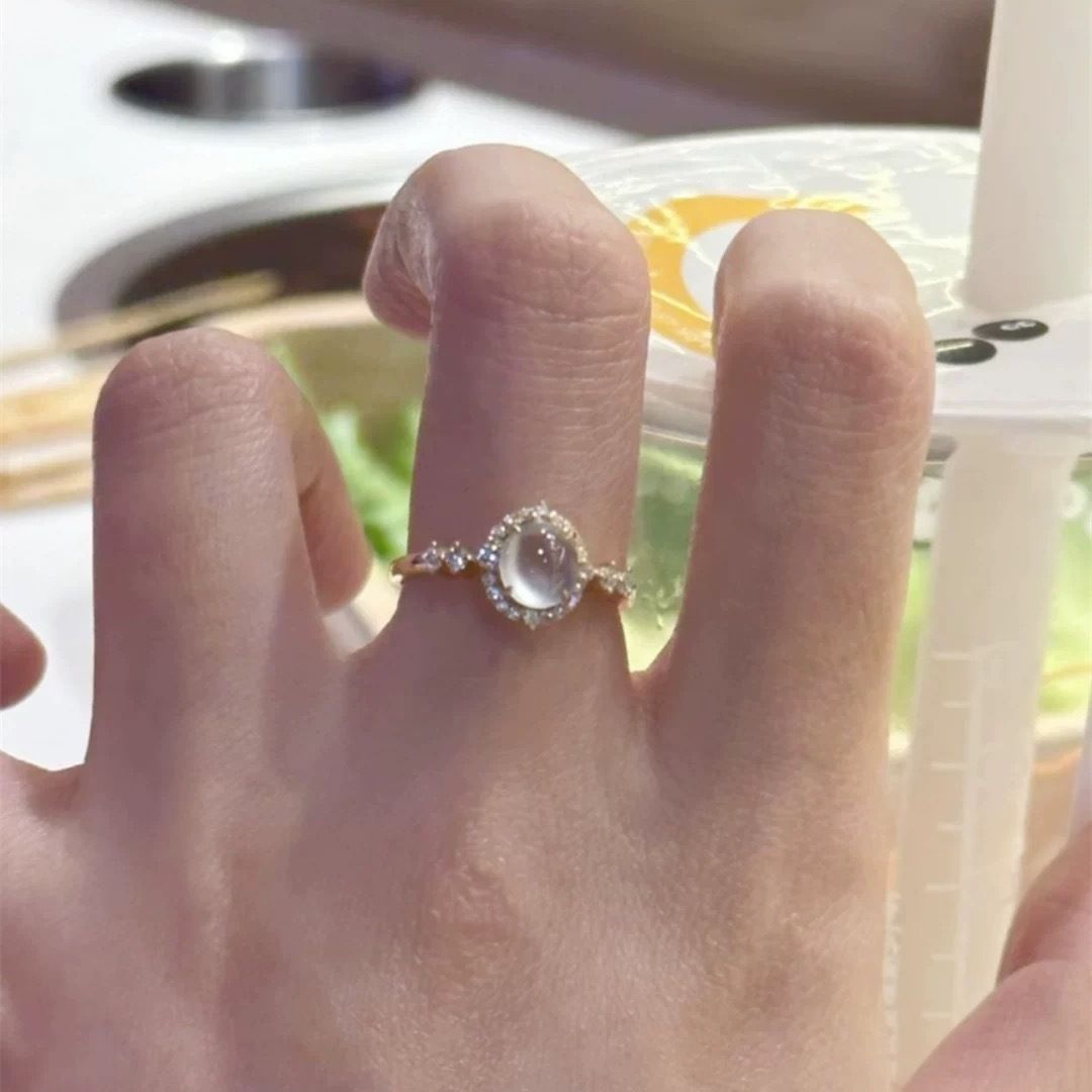 White Ice Simulated Jasper Egg Facet Ring for Women with Transparent Ice Glass Tone, High-Quality Open-Close Engagement Ring