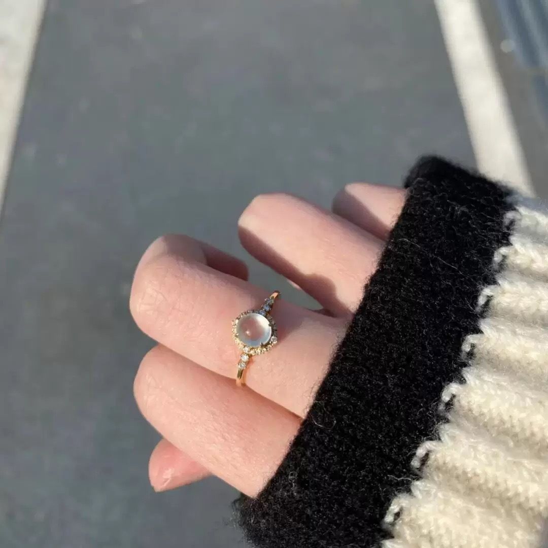 White Ice Simulated Jasper Egg Facet Ring for Women with Transparent Ice Glass Tone, High-Quality Open-Close Engagement Ring