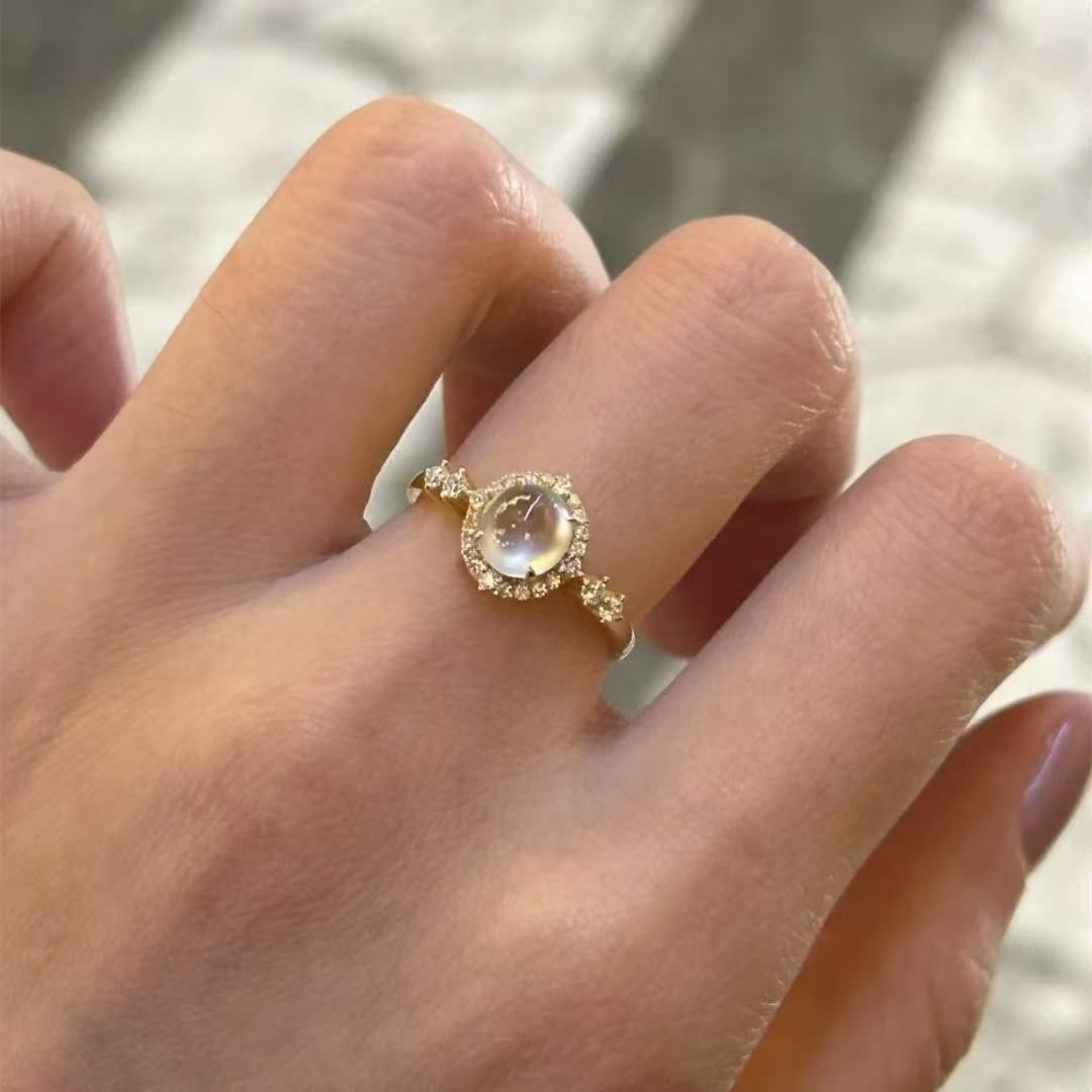White Ice Simulated Jasper Egg Facet Ring for Women with Transparent Ice Glass Tone, High-Quality Open-Close Engagement Ring