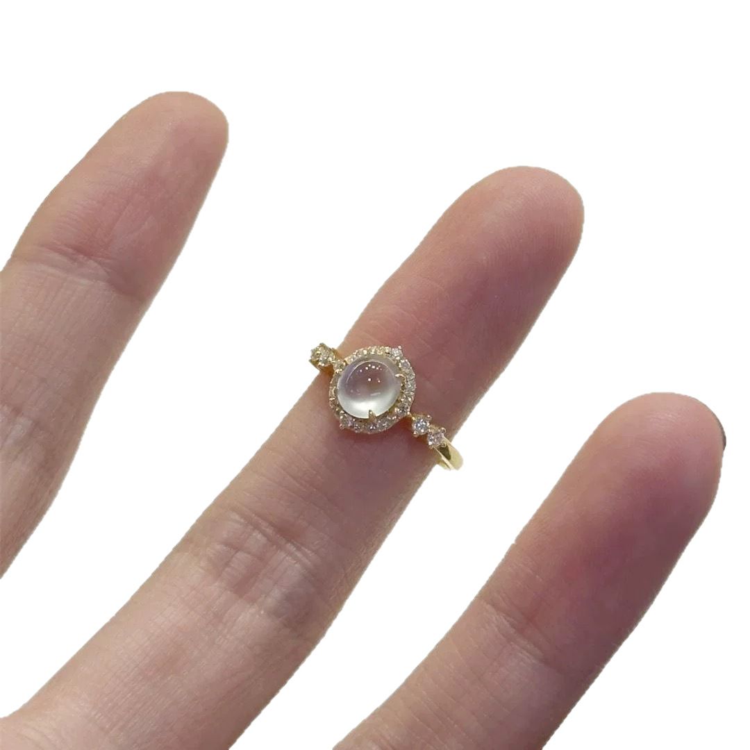 White Ice Simulated Jasper Egg Facet Ring for Women with Transparent Ice Glass Tone, High-Quality Open-Close Engagement Ring