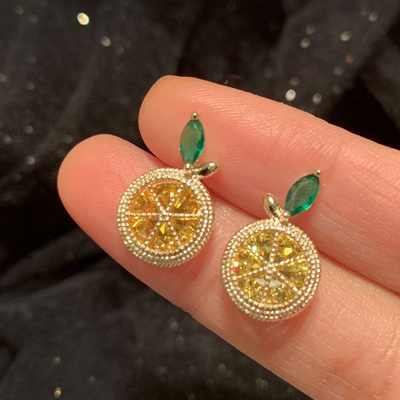 Silver needle small fresh sweet lemon earrings fashionable and versatile, niche design earrings with a high-end feel
