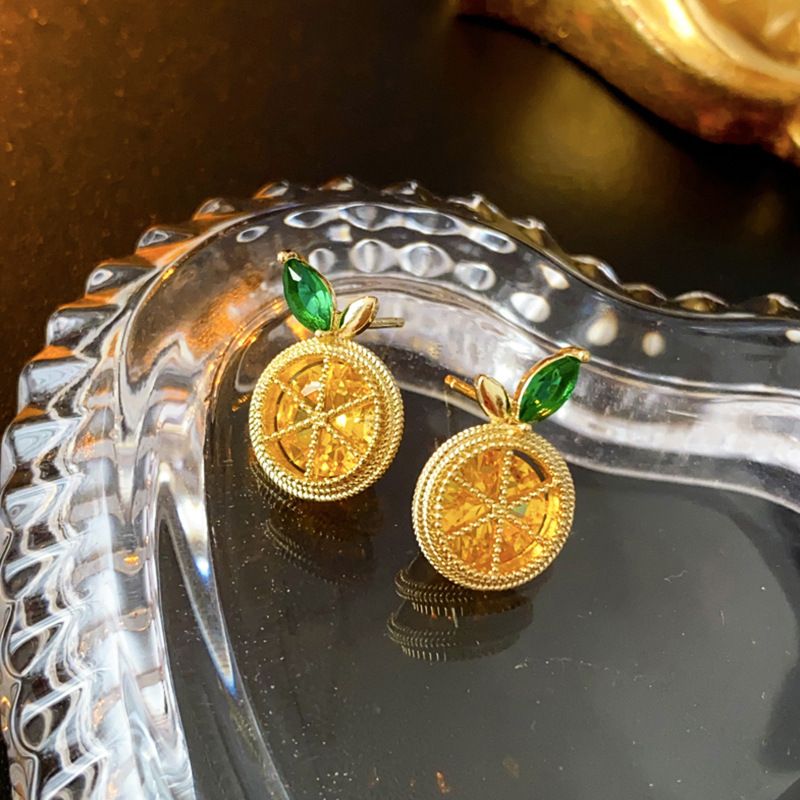Silver needle small fresh sweet lemon earrings fashionable and versatile, niche design earrings with a high-end feel