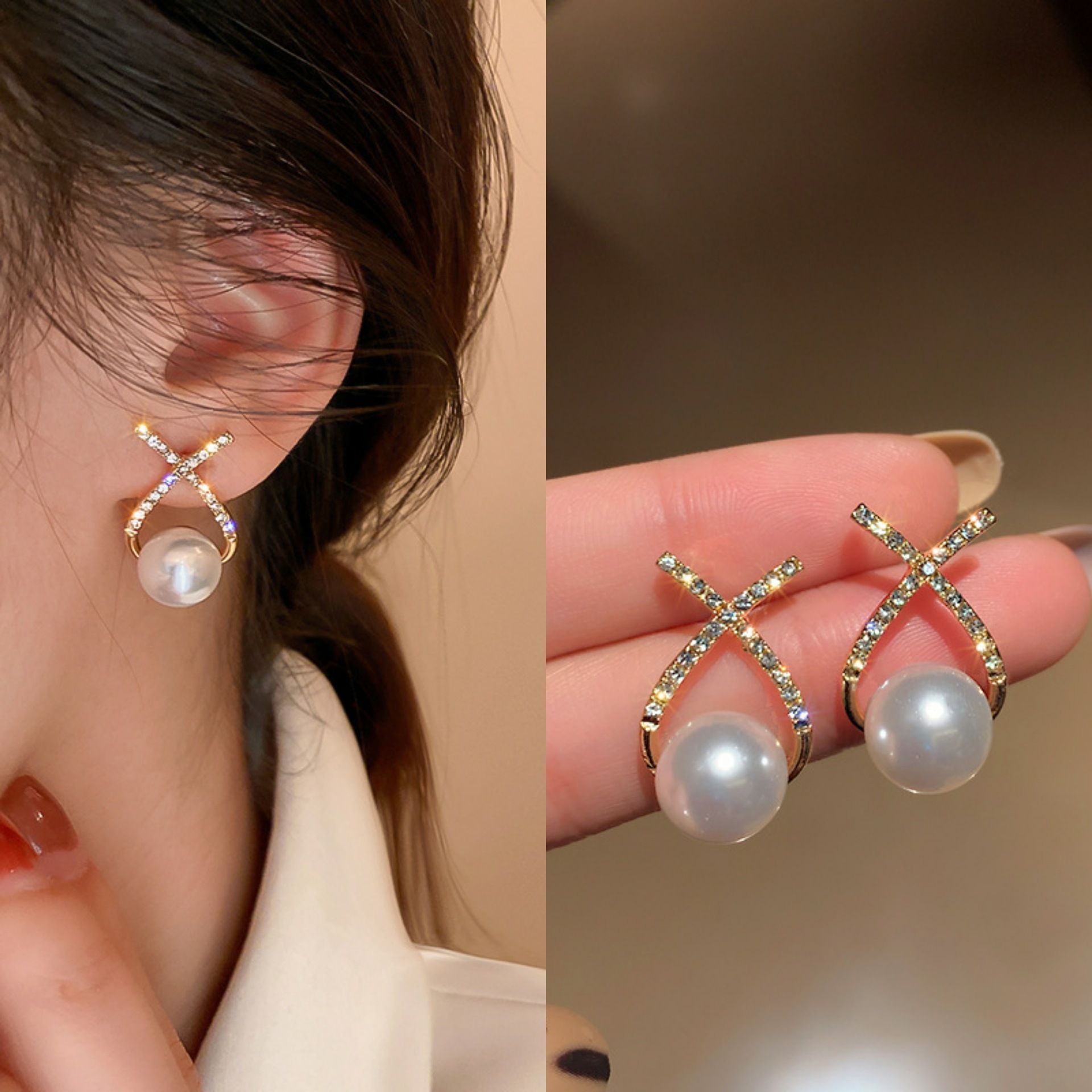 High end cross fashion earrings for women's Instagram style, slimming and diamond studded earrings, Korean version sweet X-letter earrings