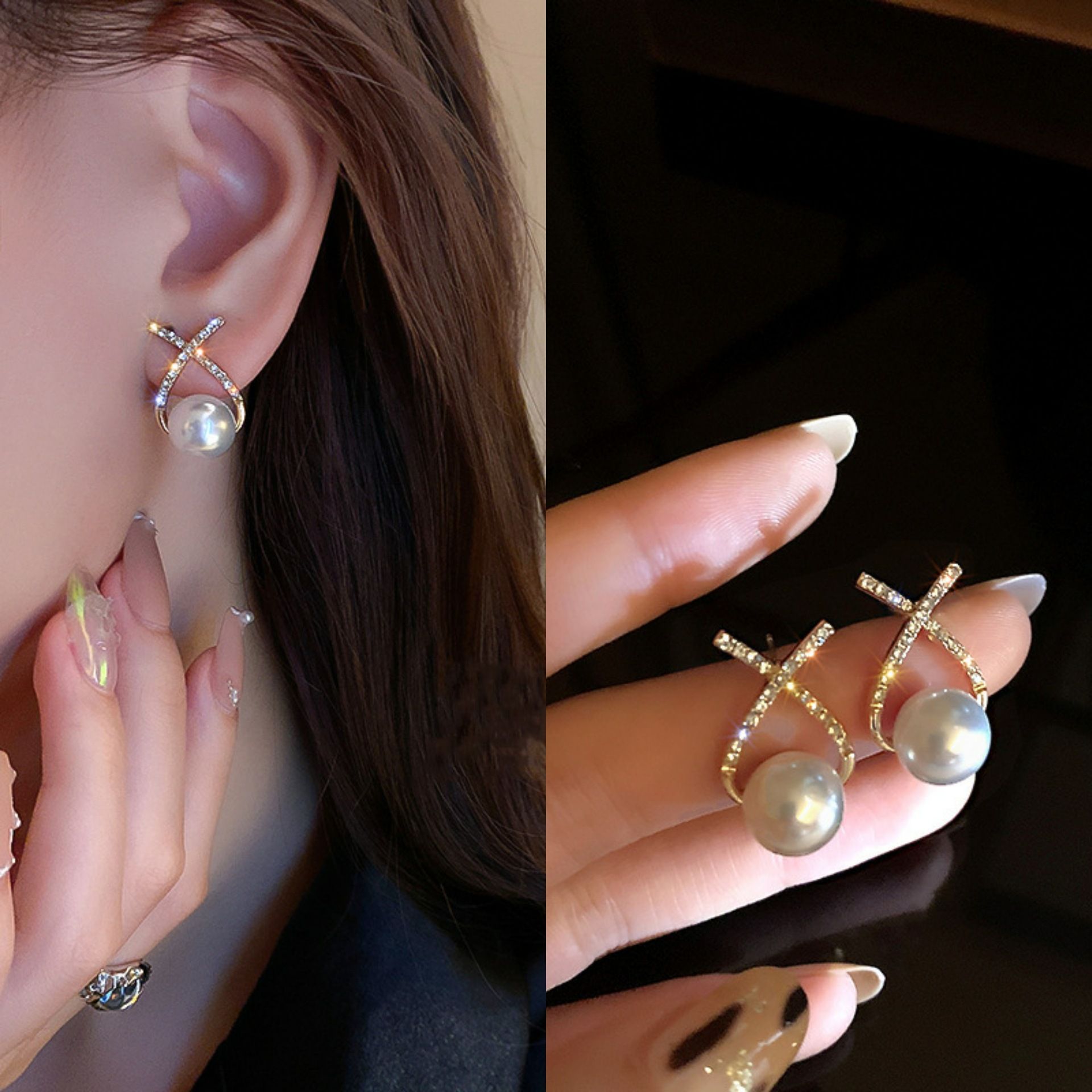 High end cross fashion earrings for women's Instagram style, slimming and diamond studded earrings, Korean version sweet X-letter earrings