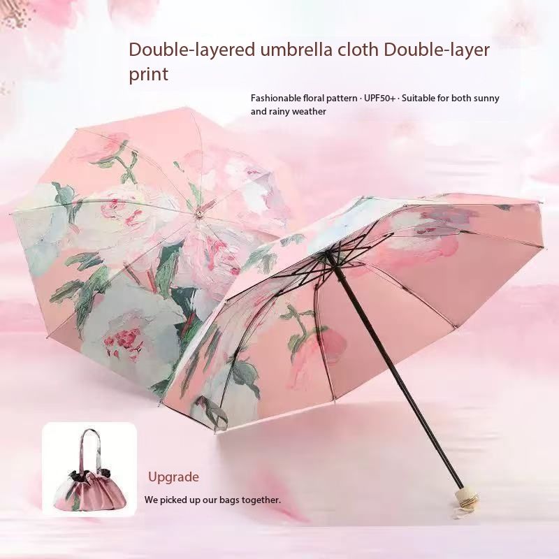 Double layer black adhesive sunshade umbrella, new three fold double-sided color sunshade for women, compact UV resistant bag umbrella folding