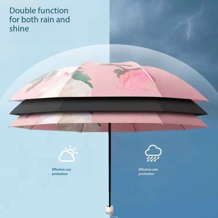 Double layer black adhesive sunshade umbrella, new three fold double-sided color sunshade for women, compact UV resistant bag umbrella folding