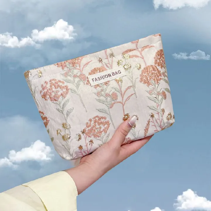 Ins Cream Embroidered Flower Premium Makeup Bag with Large Capacity Water Milk Storage Bag, Hand in Hand for Women's Makeup