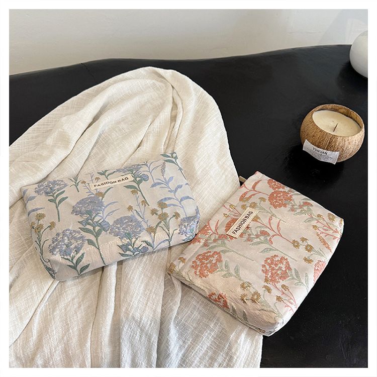 Ins Cream Embroidered Flower Premium Makeup Bag with Large Capacity Water Milk Storage Bag, Hand in Hand for Women's Makeup