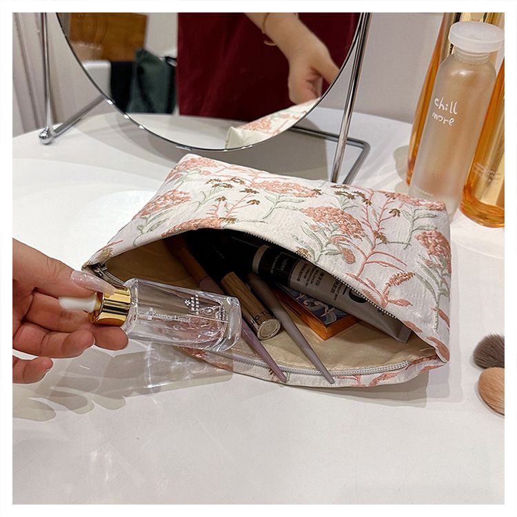 Ins Cream Embroidered Flower Premium Makeup Bag with Large Capacity Water Milk Storage Bag, Hand in Hand for Women's Makeup