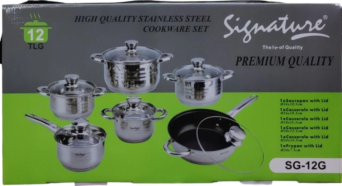 12 pcs Induction Base Stainless Steel Cookware set with Glass Lid and Nonstick Pan