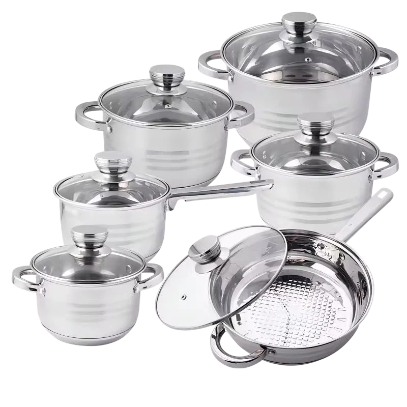 12 pcs Induction Base Stainless Steel Cookware set with Glass Lid and Nonstick Pan