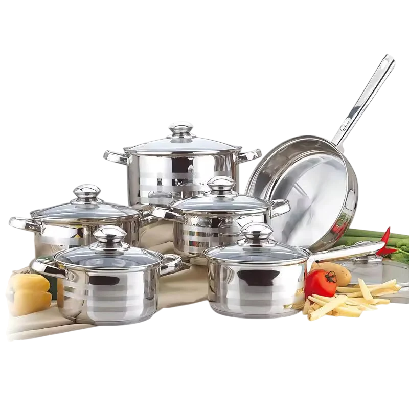 12 pcs Induction Base Stainless Steel Cookware set with Glass Lid and Nonstick Pan