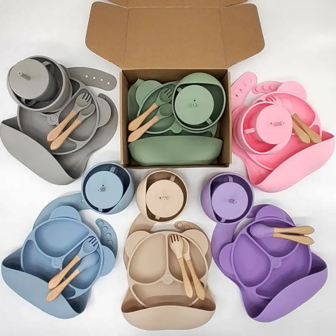 New  Arrival Non Toxic 6-Piece Silicone Baby Feeding Set Table Ware Kids-Design Food Grade Dinner Tray Suction Children Dining Bowl