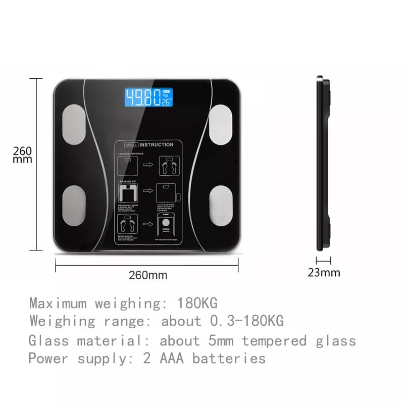 KNOW YOU'R BODY WEIGHT Digital Scale Bluetooth BMI Smart Digital Bathroom Weighing Know your body well with the help of the Bluetooth Smart Body Fat Scale! It not only monitors your