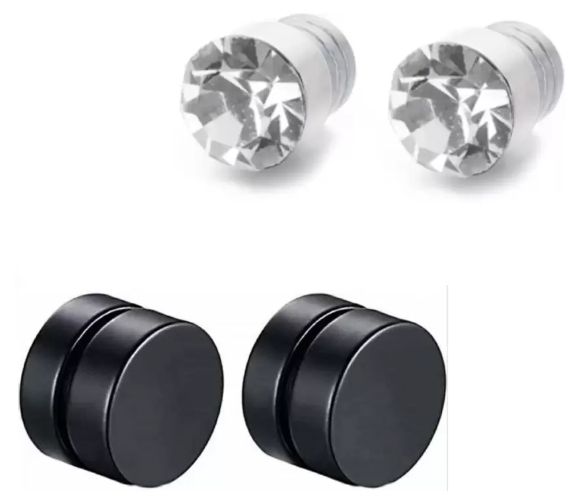 2 Pair Combo Black & Silver Non-Piercing Magnetic Earrings for Men Metal Magnetic Earring Mens Jewelry Stainless Steel MagneticEarrings