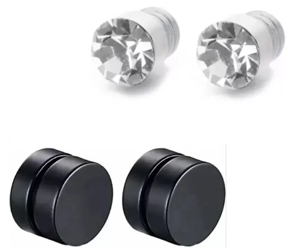 2 Pair Combo Black & Silver Non-Piercing Magnetic Earrings for Men Metal Magnetic Earring Mens Jewelry Stainless Steel MagneticEarrings