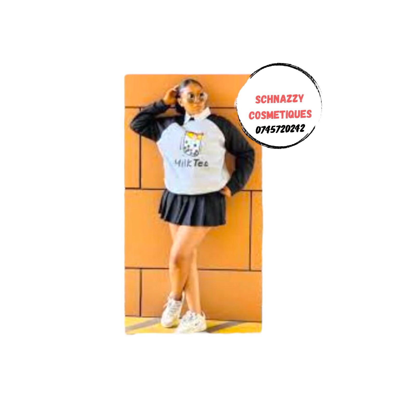 Trending Pleated Skater Skirt Set Milk Tea 2pc Two Piece Skater Skirt Collared Sweattop Sweatshirt Cute Print Milk Collar Oversized Pullover Japanese Style
