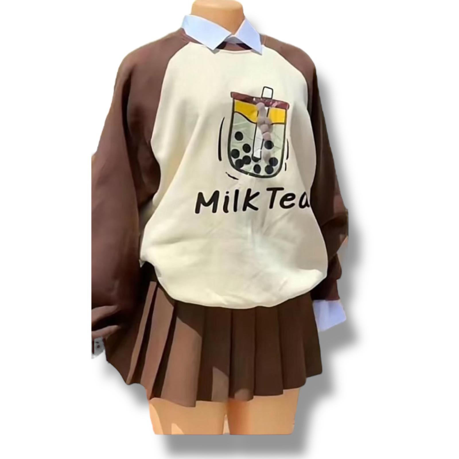 Trending Pleated Skater Skirt Set Milk Tea 2pc Two Piece Skater Skirt Collared Sweattop Sweatshirt Cute Print Milk Collar Oversized Pullover Japanese Style