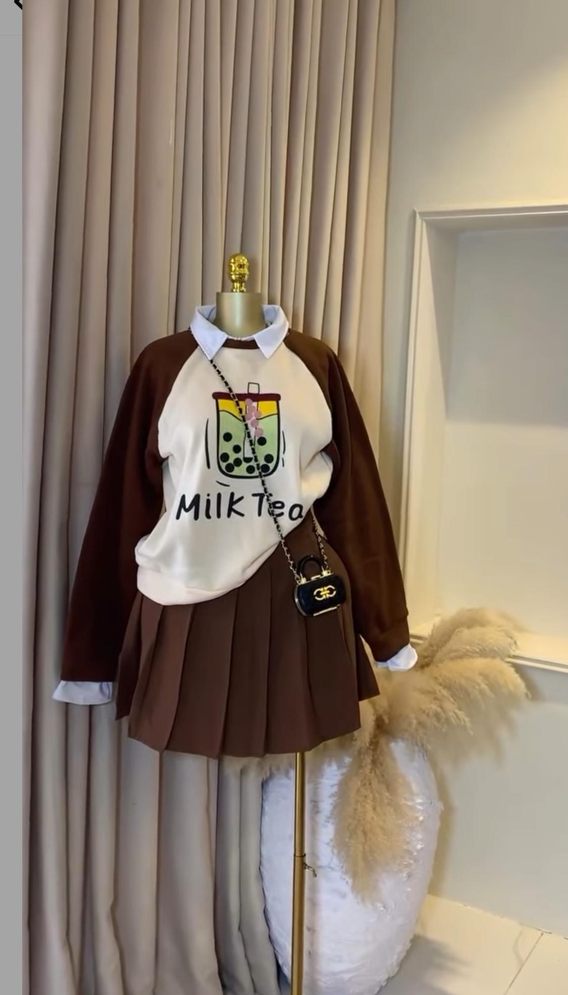 Trending Pleated Skater Skirt Set Milk Tea 2pc Two Piece Skater Skirt Collared Sweattop Sweatshirt Cute Print Milk Collar Oversized Pullover Japanese Style