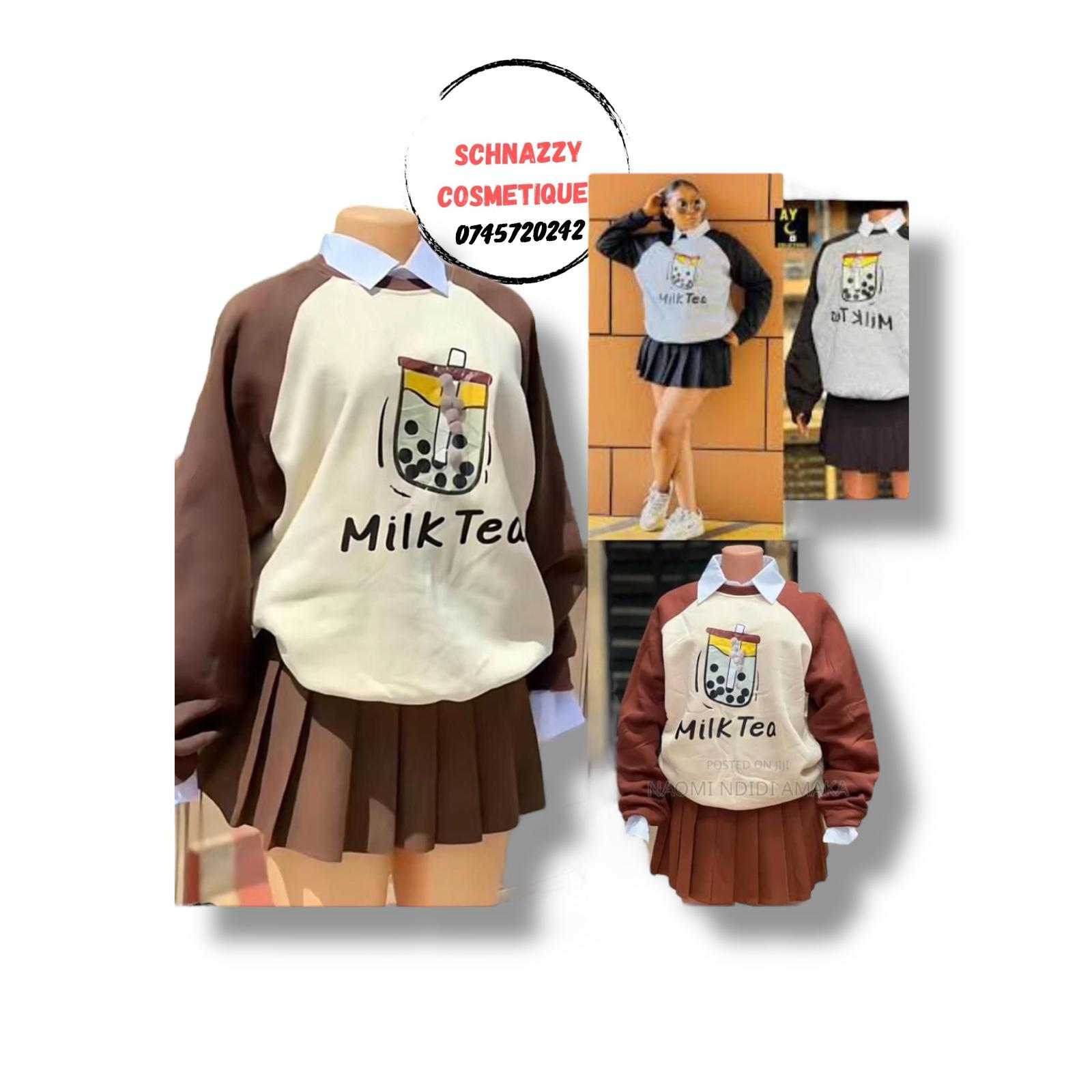 Trending Pleated Skater Skirt Set Milk Tea 2pc Two Piece Skater Skirt Collared Sweattop Sweatshirt Cute Print Milk Collar Oversized Pullover Japanese Style