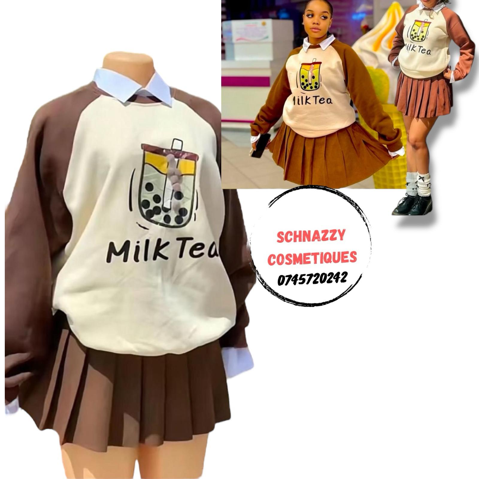Trending Pleated Skater Skirt Set Milk Tea 2pc Two Piece Skater Skirt Collared Sweattop Sweatshirt Cute Print Milk Collar Oversized Pullover Japanese Style