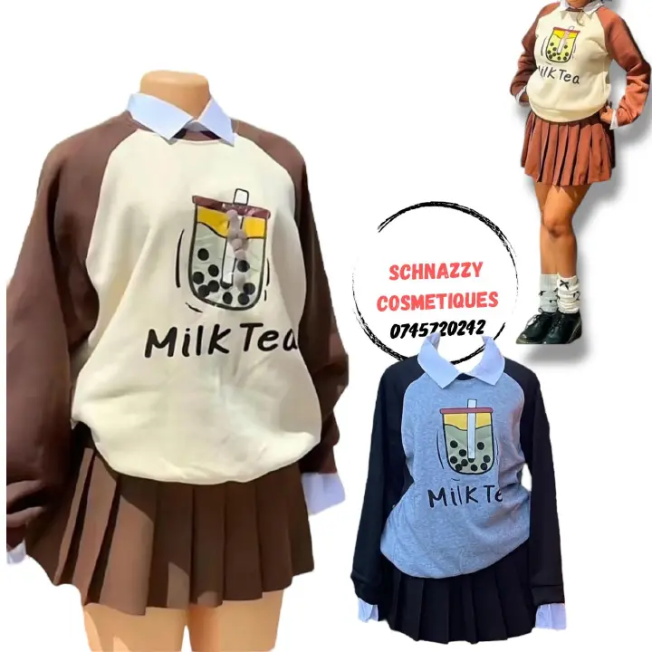 Trending Pleated Skater Skirt Set Milk Tea 2pc Two Piece Skater Skirt Collared Sweattop Sweatshirt Cute Print Milk Collar Oversized Pullover Japanese Style