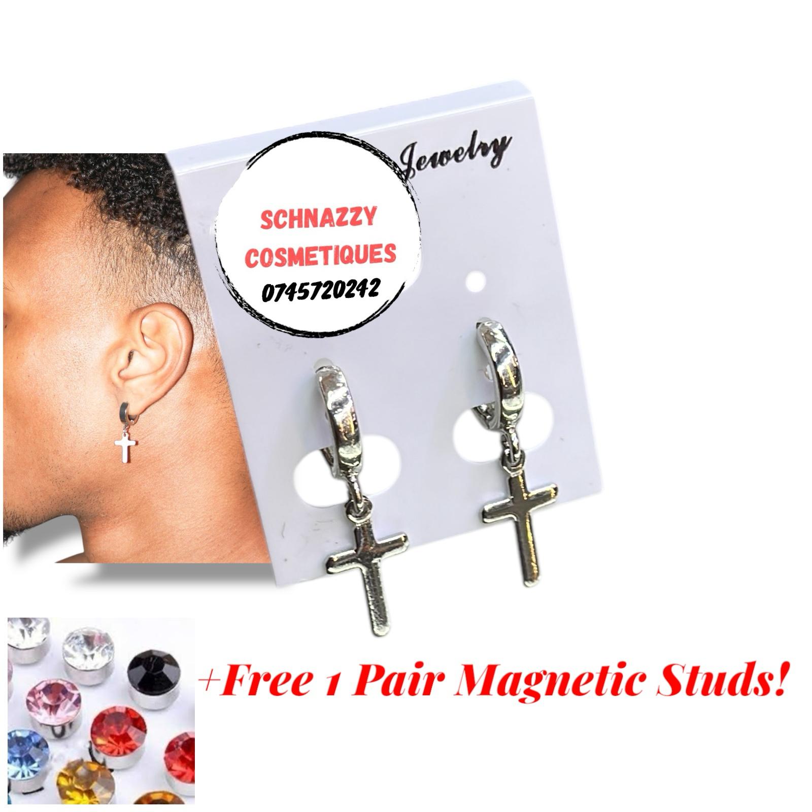 2 Pair Combo Tiny Cross Piercing Earings + 1 Random Pair Colored Magnetic Earrings for Men or Women Magnetic Earring Mens Jewelry Stainless Steel Magnetic Earrings