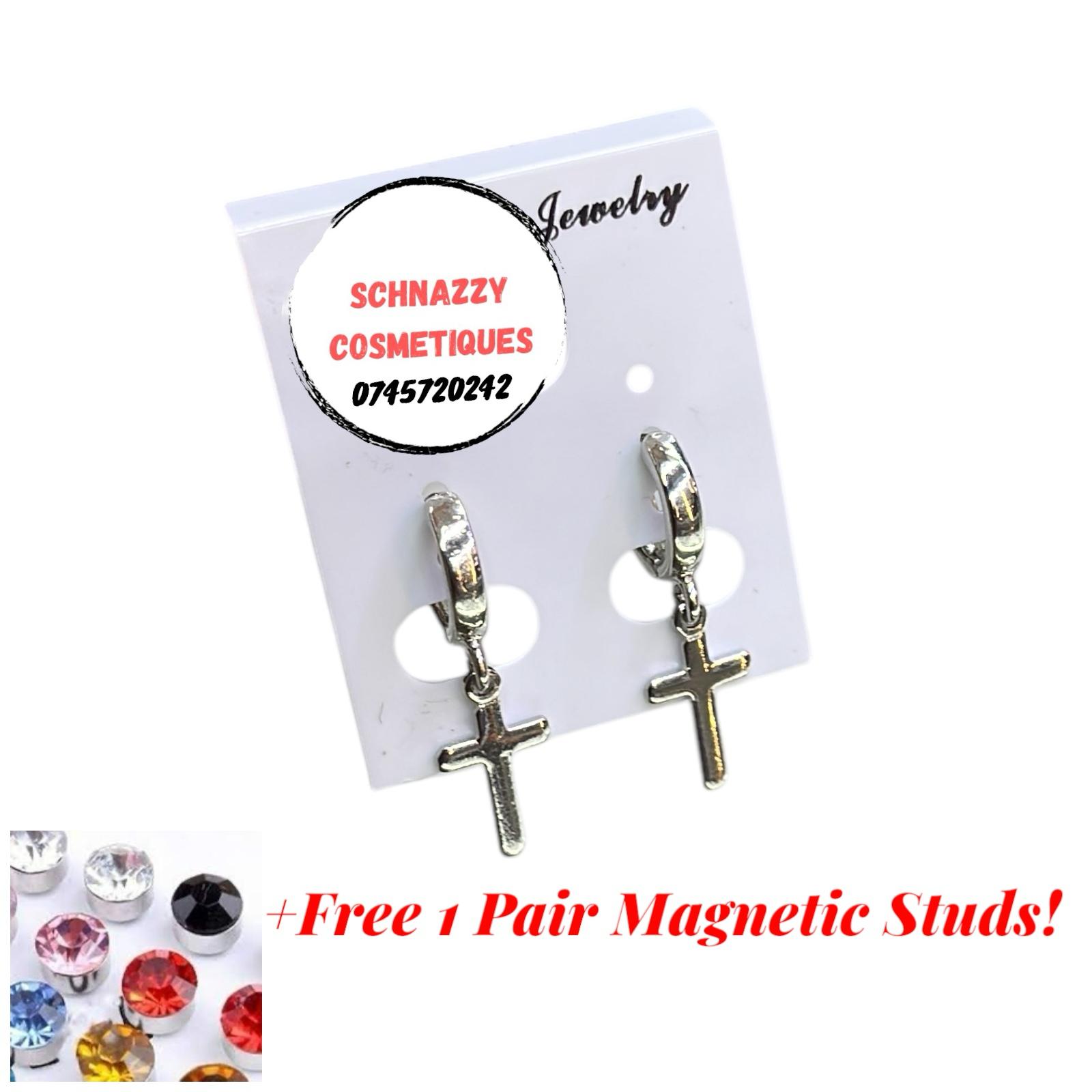 2 Pair Combo Tiny Cross Piercing Earings + 1 Random Pair Colored Magnetic Earrings for Men or Women Magnetic Earring Mens Jewelry Stainless Steel Magnetic Earrings