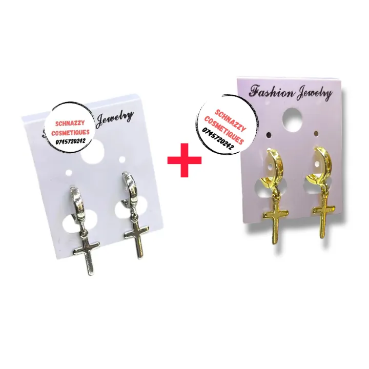 2 Pair Combo Tiny Cross Piercing Earings Silver + Gold Earrings for Men or Women Magnetic Earring Mens Jewelry Stainless Steel Magnetic Earrings