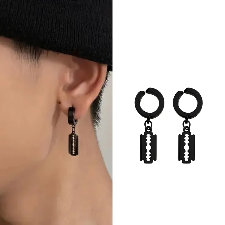 Trending Blade Earrings Men Retro Punk Earrings Blade Earrings Non Pierced Hip Hop Street Style Punk Stainless Steel Earrings (BLACK)