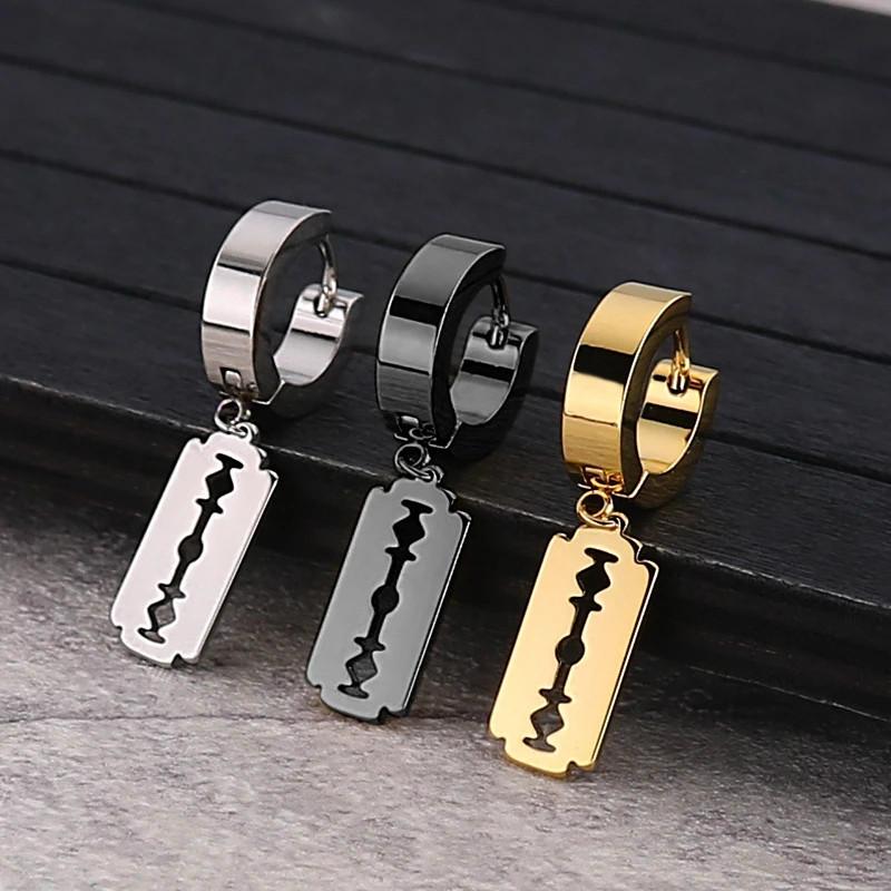 Trending Blade Earrings Men Retro Punk Earrings Blade Earrings Non Pierced Hip Hop Street Style Punk Stainless Steel Earrings (BLACK)