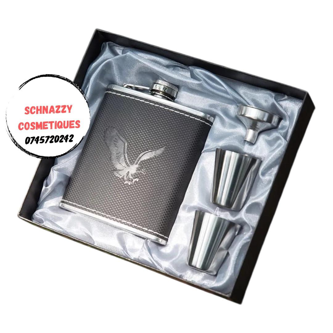 Alcohol Hip Flask Portable Traveller Hip Flask with 2 Shot Cups Trendy Engraved Leather Cover Stainless Steel Pocket Fit Thoughtful Gift Set Idea Fathers Day Gift Boyfriend Birthday Gift Car Accessory