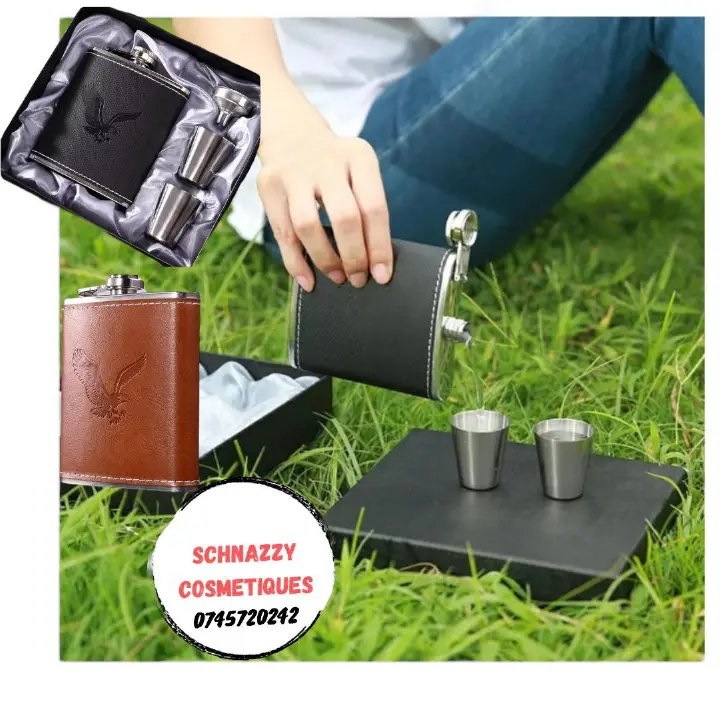 Alcohol Hip Flask Portable Traveller Hip Flask with 2 Shot Cups Trendy Engraved Leather Cover Stainless Steel Pocket Fit Thoughtful Gift Set Idea Fathers Day Gift Boyfriend Birthday Gift Car Accessory