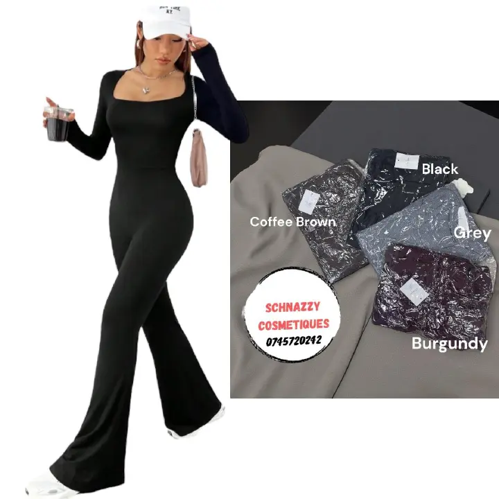 [New] Wideleg RIBBED Longsleeve Jumpsuit Catsuit Flared Bottom Wide Leg Pants Women Jumpsuit Casual Athletic Trendy Stylish Fashion Everywhere Everyday Wear Ladies Baddie Comfy-Chic ONE SIZE 1PC