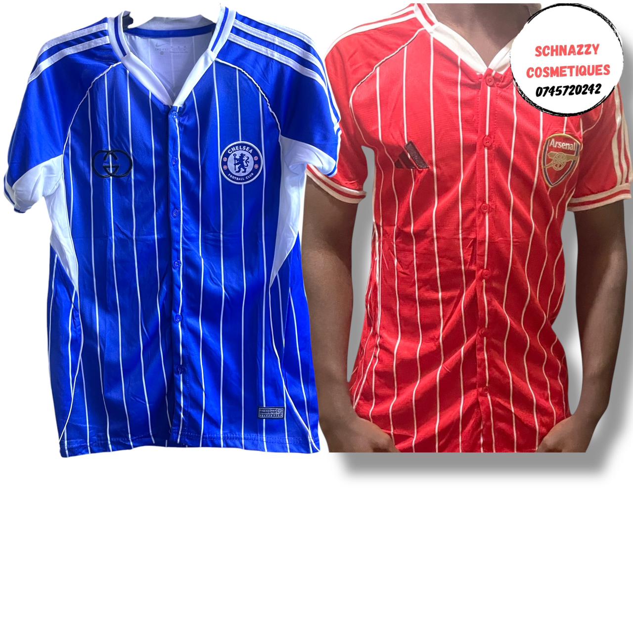 NEW Limited Time Offer Sale Buttoned Up Style Baseball Striped Graphic Tshirt Classic Retro Look Loose Fitting Slight Stretch - ARSENAL JERSEY CHELSEA JERSEY MANCHESTER UNITED JERSEY