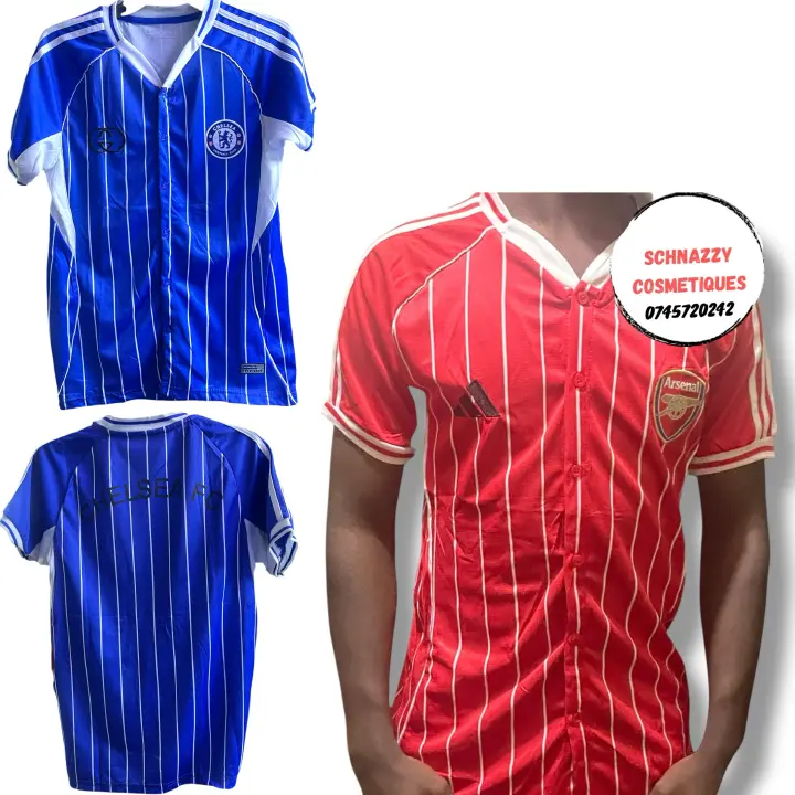 NEW Limited Time Offer Sale Buttoned Up Style Baseball Striped Graphic Tshirt Classic Retro Look Loose Fitting Slight Stretch - ARSENAL JERSEY CHELSEA JERSEY MANCHESTER UNITED JERSEY