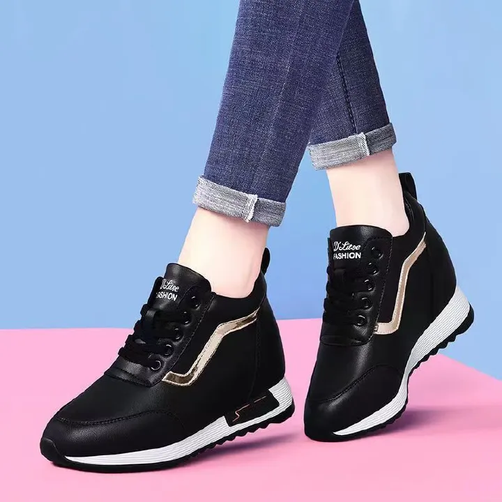 Women's Height Increasing Casual Shoes - Fashion Thick-Sole Platform Leather Sneakers with Soft Cushion, Versatile Sports-Inspired Design for Daily Wear (Trendy & Breathable FBK)